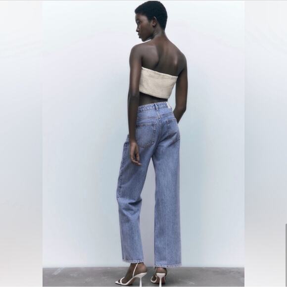 ZARA Cream /White Cropped top with straight neckline. Textured Strapless Top - Picture 7 of 9